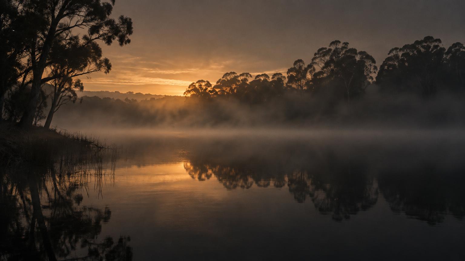 Mist drifting across a still Australian lake at dawn